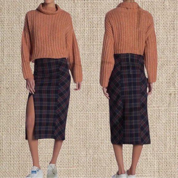 Free People Navy and Red Plaid Midi Skirt - Picture 1 of 1